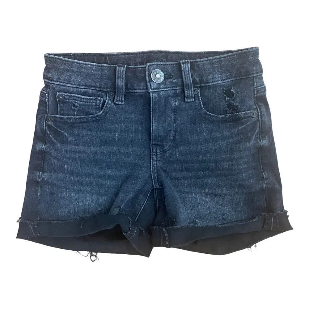 American Eagle women’s the dream jean Black Jean Shorts Sz 00 Cuffed Distressed